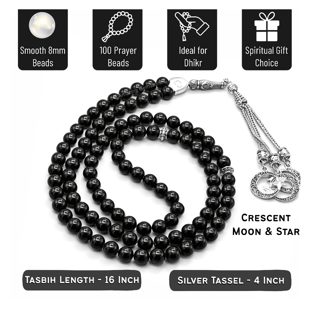 Black Tourmaline Crystal Tasbeeh Sibha Prayer Beads (Silver)