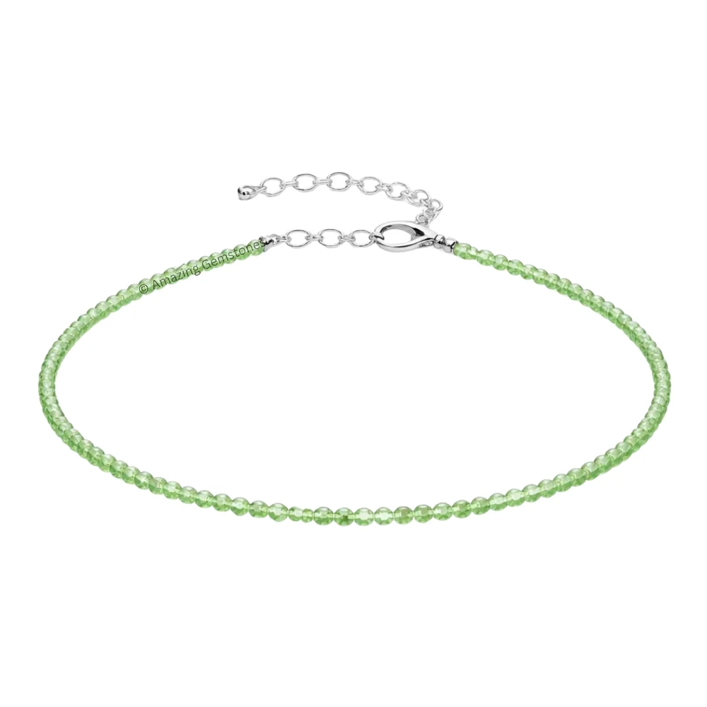 Green Chalcedony Crystal Anklet - 2mm Faceted Bead (Silver)
