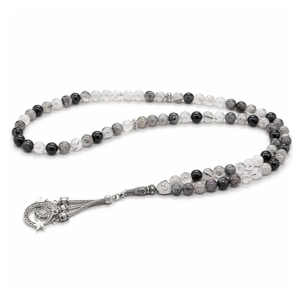 Black Rutilated Quartz Crystal Tasbeeh Sibha Prayer Beads (Silver)