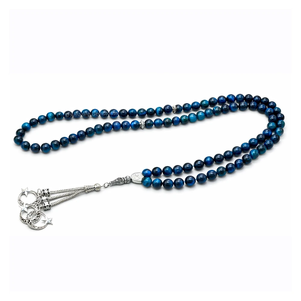 Light Blue Tiger Eye Crystal Tasbeeh Sibha Prayer Beads (Silver)