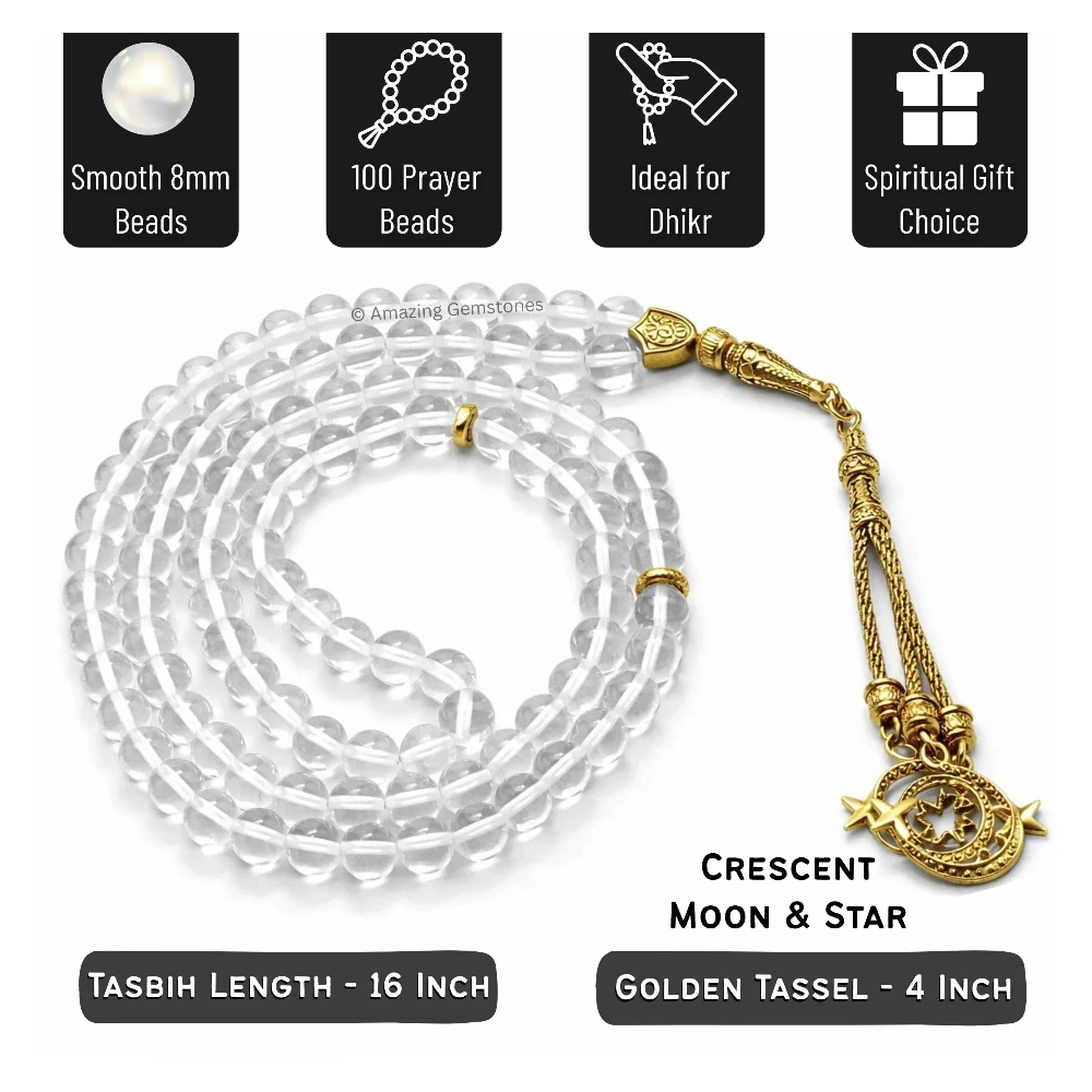 Clear Quartz Crystal Tasbeeh Sibha Prayer Beads (Gold)