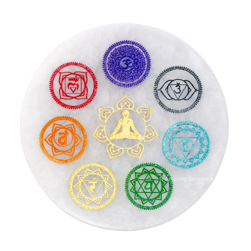 Selenite Charging Plate - 7 Chakra (Round) (3 Inch)