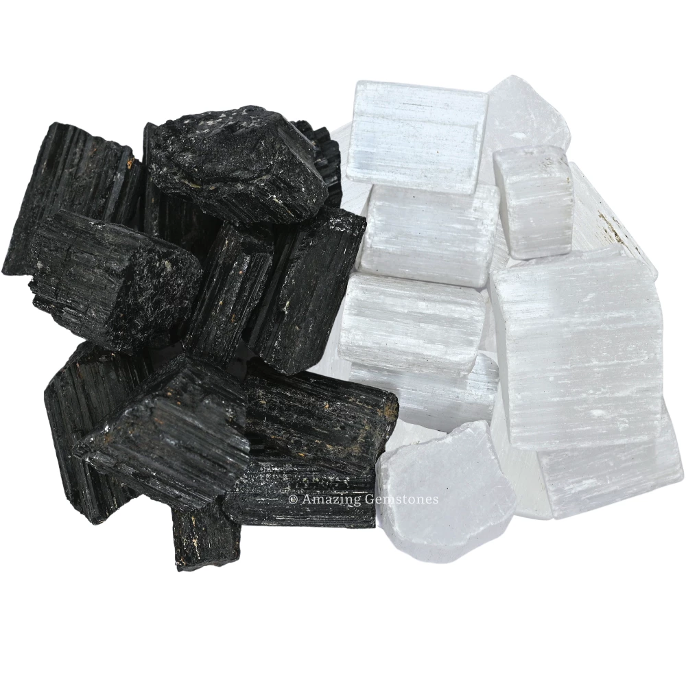 Black Tourmaline Selenite Raw Crystals (5 Pieces)