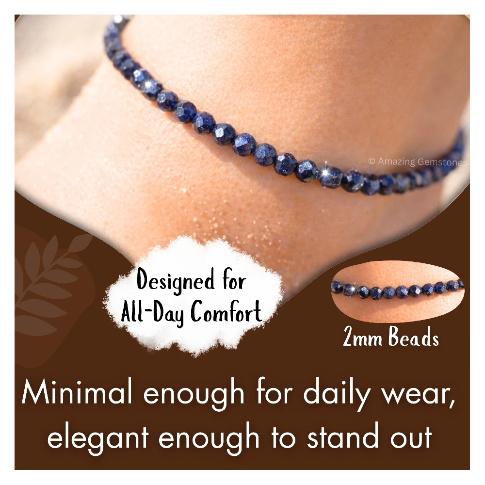 Blue Sunstone Dyed Crystal Anklet - 2mm Faceted Bead (Silver)
