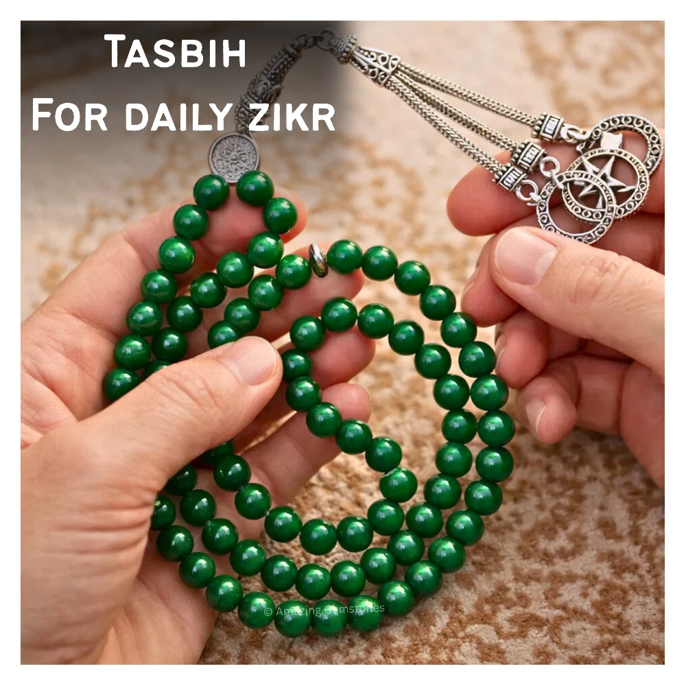Green Jade (Dye) Crystal Tasbeeh Sibha Prayer Beads (Silver)