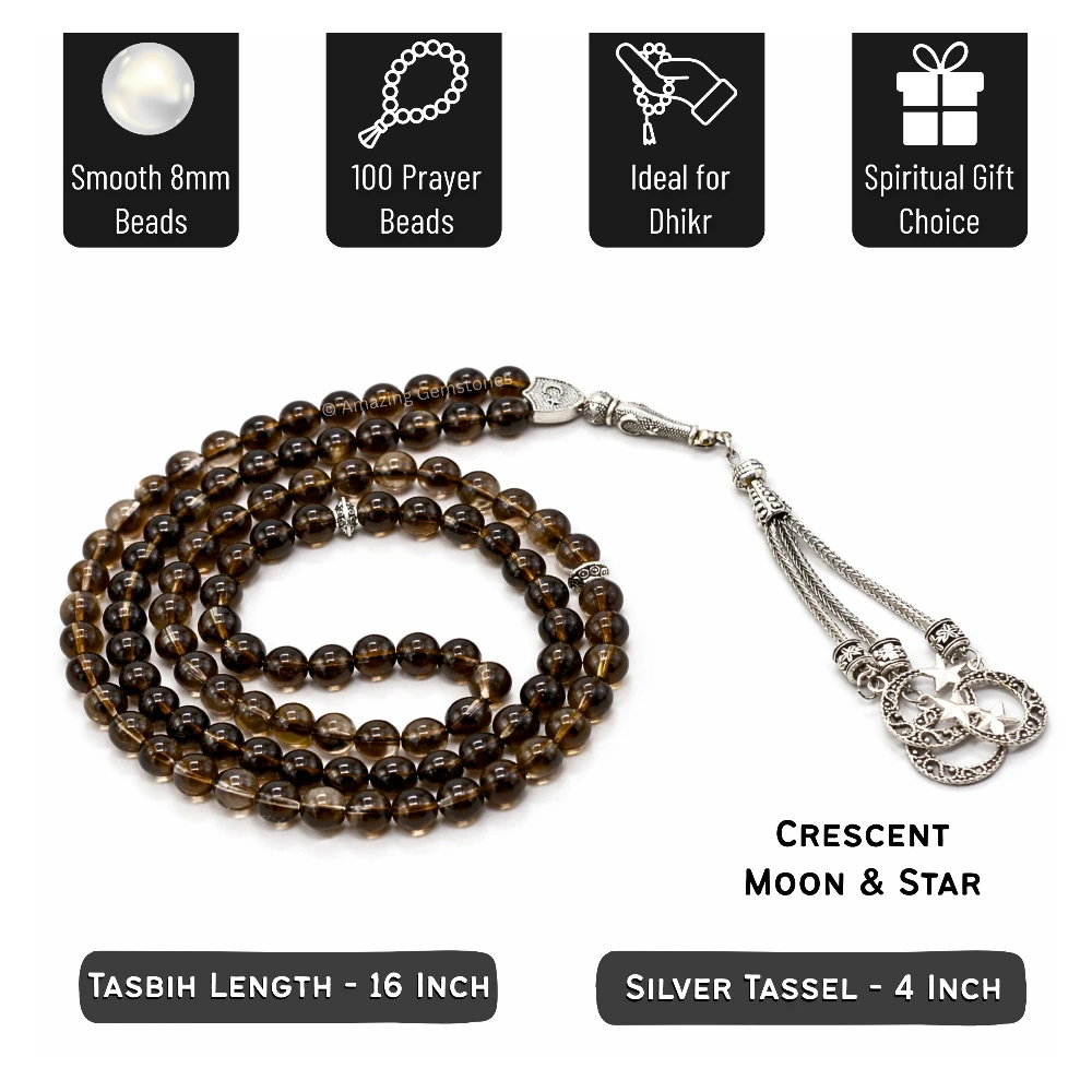 Smoky Quartz Crystal Tasbeeh Sibha Prayer Beads (Silver)