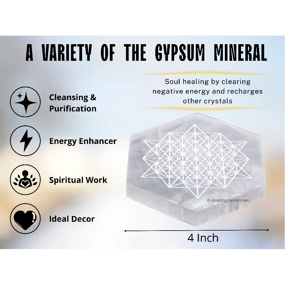 Selenite Charging Plate - Hexagon Star Flower of Life (4 Inch)