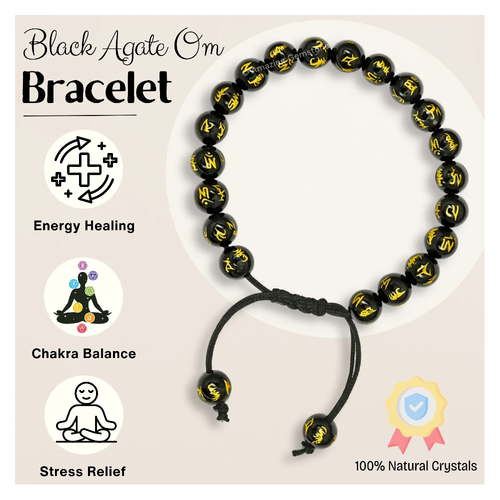 Black Agate (Om Mani Padme Hum) Bracelet (Adjustable)