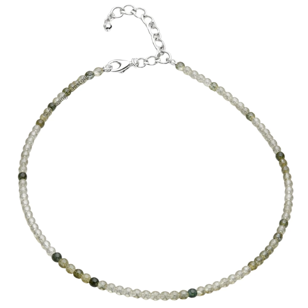 Green Rutilated Quartz Crystal Anklet - 2mm Faceted Bead (Silver)