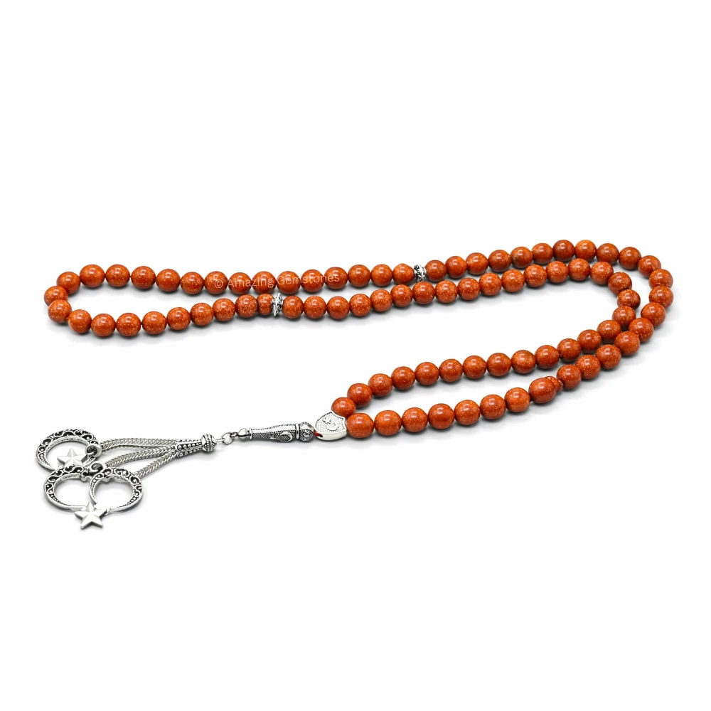Red Goldstone Crystal Tasbeeh Sibha Prayer Beads (Silver)