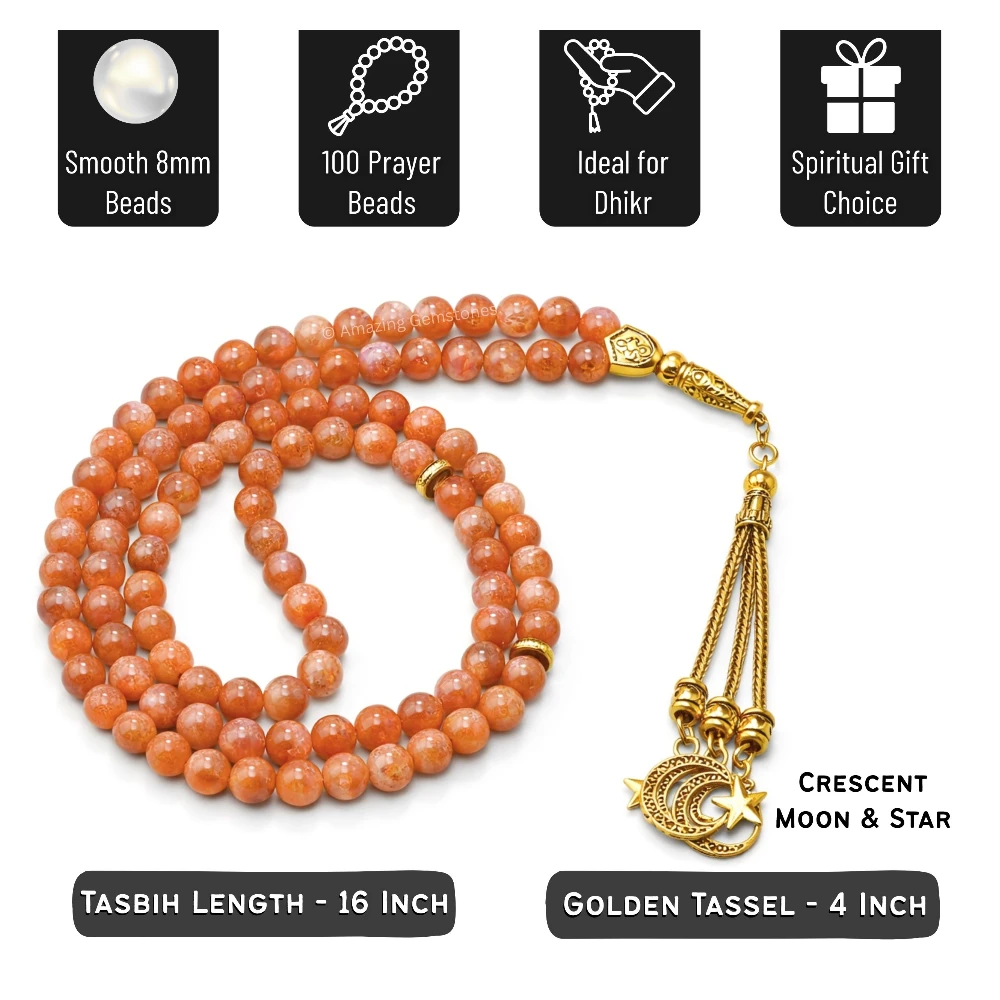 Sunstone Crystal Tasbeeh Sibha Prayer Beads (Gold)