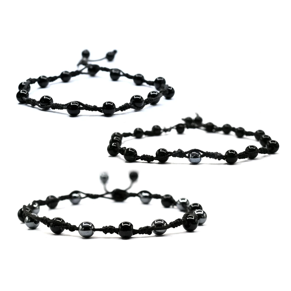 Anti Swelling Black Obsidian Hematite Set Of 3 Anklet (Hand Knotted)