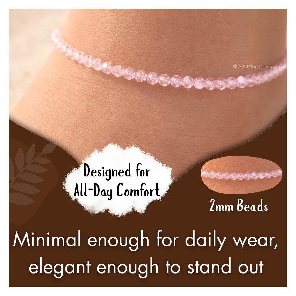 Rose Quartz Crystal Anklet - 2mm Faceted Bead (Silver)