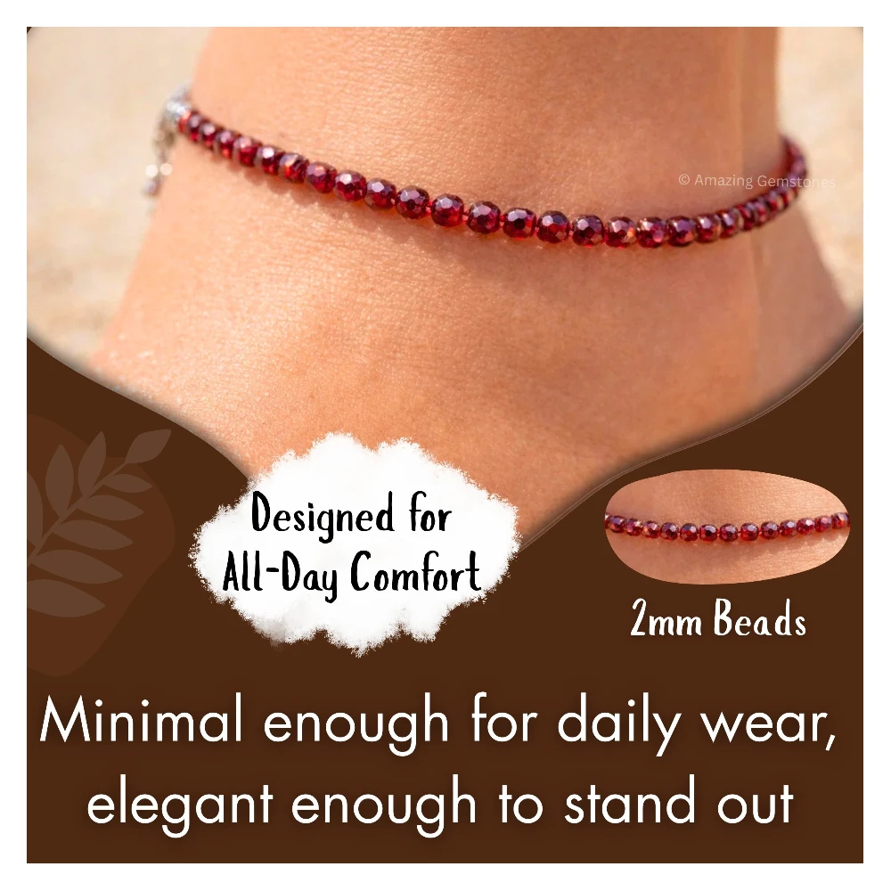 Red Garnet Crystal Anklet - 2mm Faceted Bead (Silver)