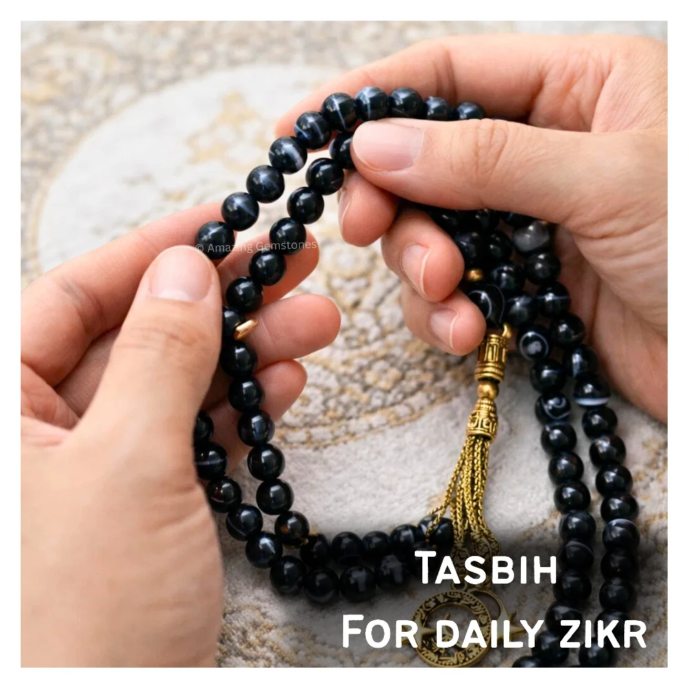 Black Banded Agate Crystal Tasbeeh Sibha Prayer Beads (Gold)