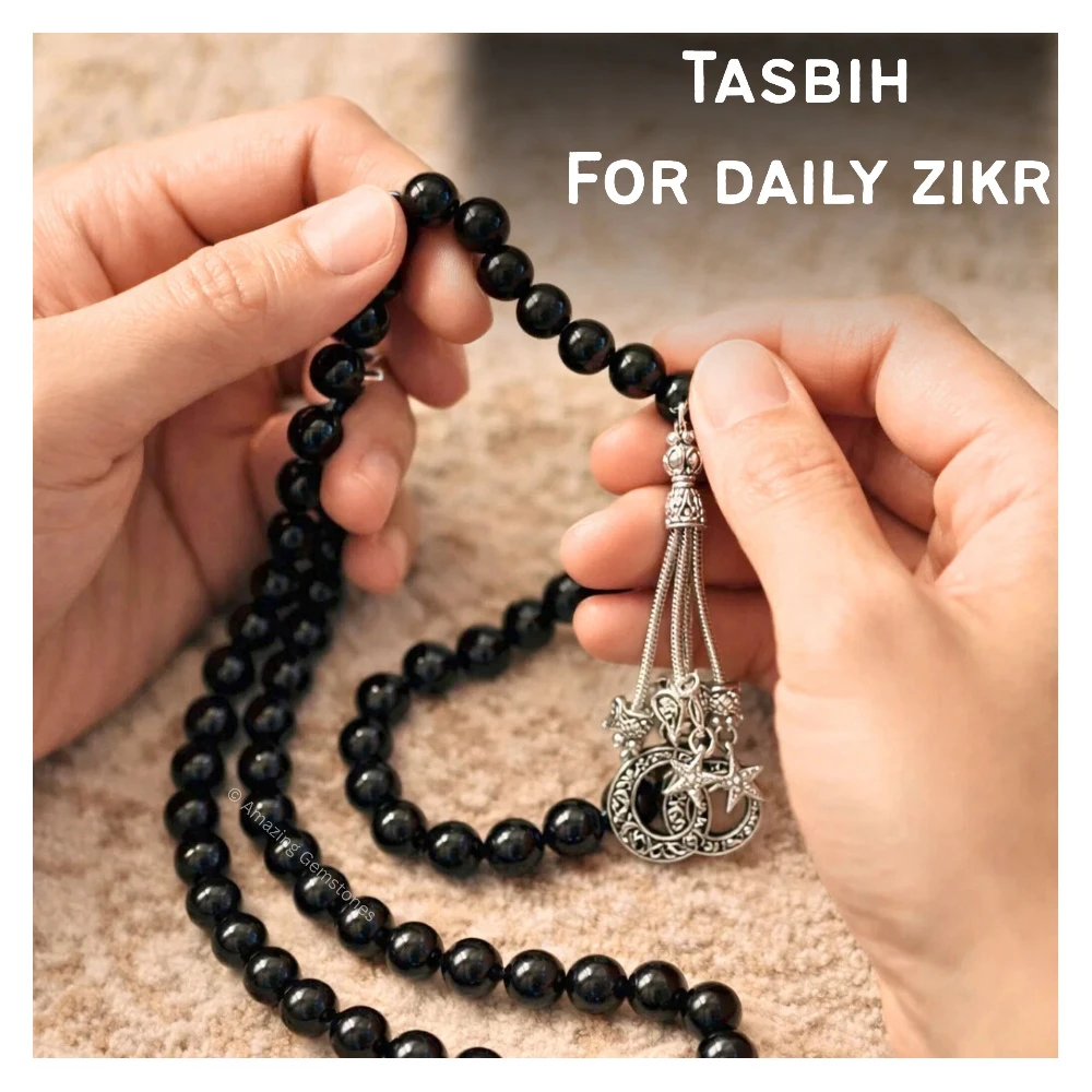 Black Obsidian Crystal Tasbeeh Sibha Prayer Beads (Silver)