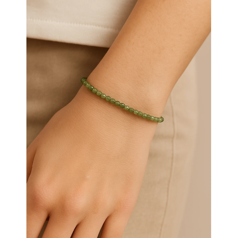 Green Rutilated Quartz Crystal Bracelet - 2mm Faceted Bead (Silver)