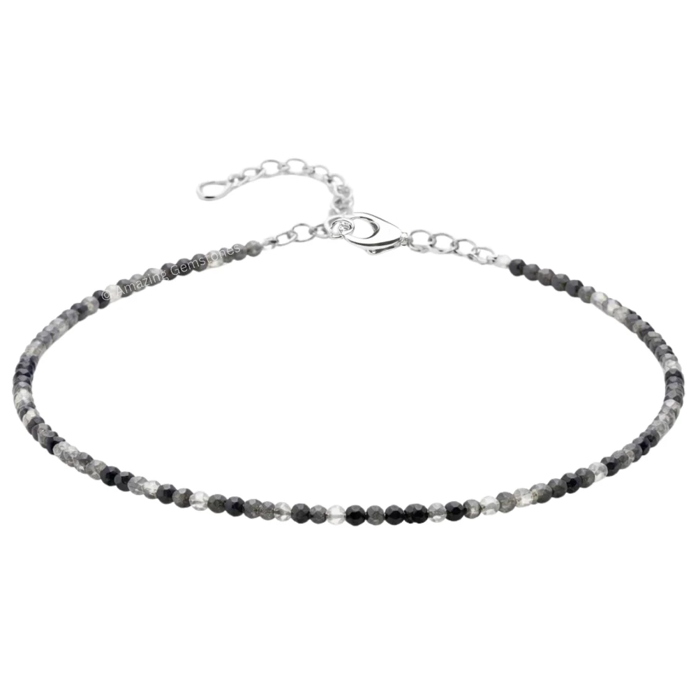 Black Rutilated Quartz Crystal Anklet - 2mm Faceted Bead (Silver)