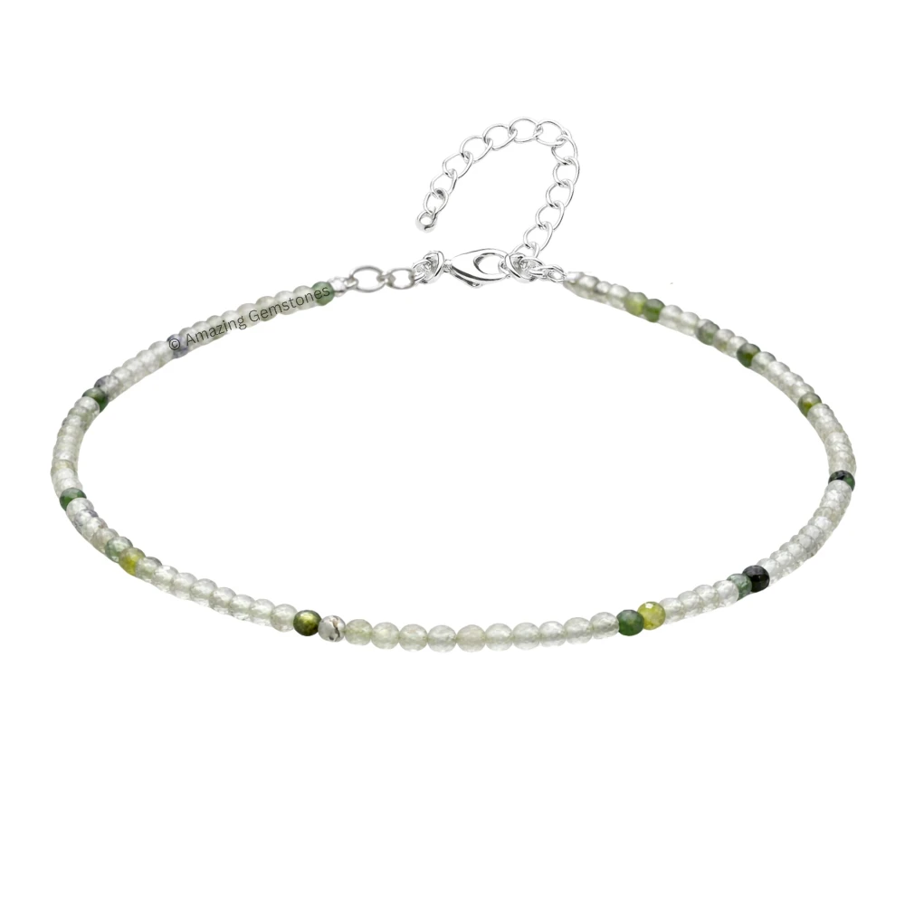 Green Rutilated Quartz Crystal Anklet - 2mm Faceted Bead (Silver)