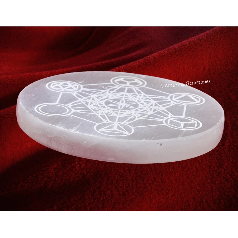 Selenite Charging Plate for Crystals - Metatron Cube with Platonic Solid (4 Inch)