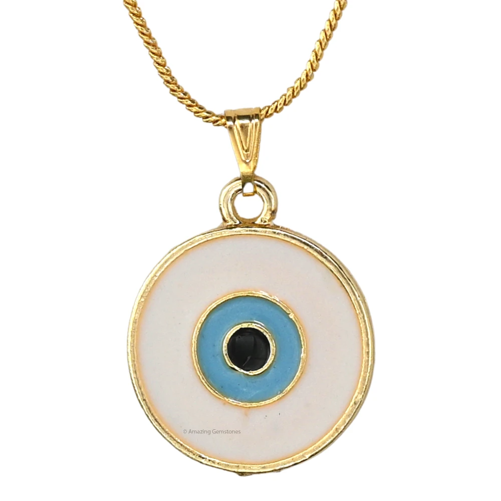 White Evil Eye Pendant - Round (Gold)