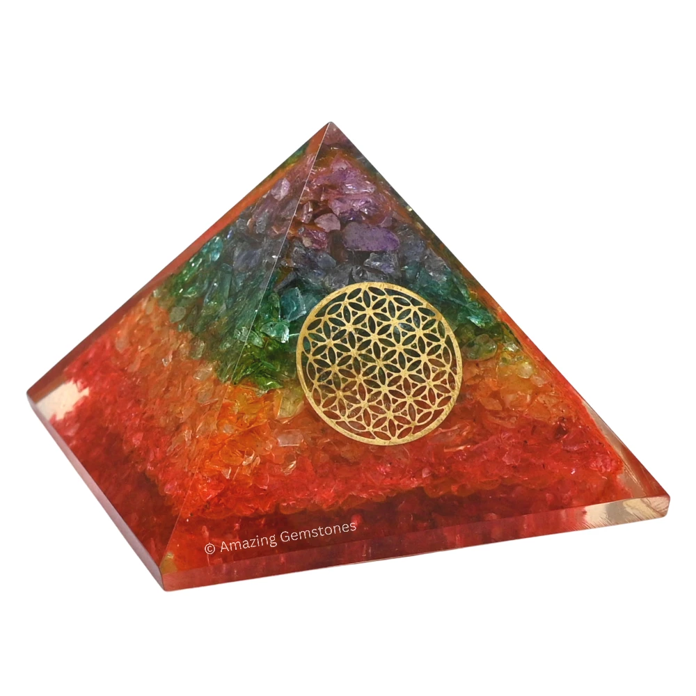 Chakra Onyx Orgone Pyramid - Flower of Life