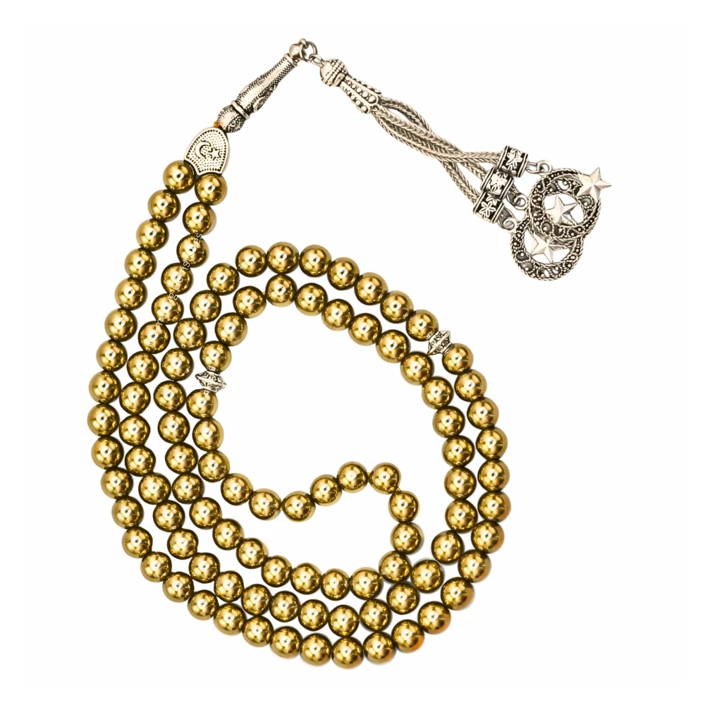 Golden Hematite Crystal Tasbeeh Sibha Prayer Beads (Silver)