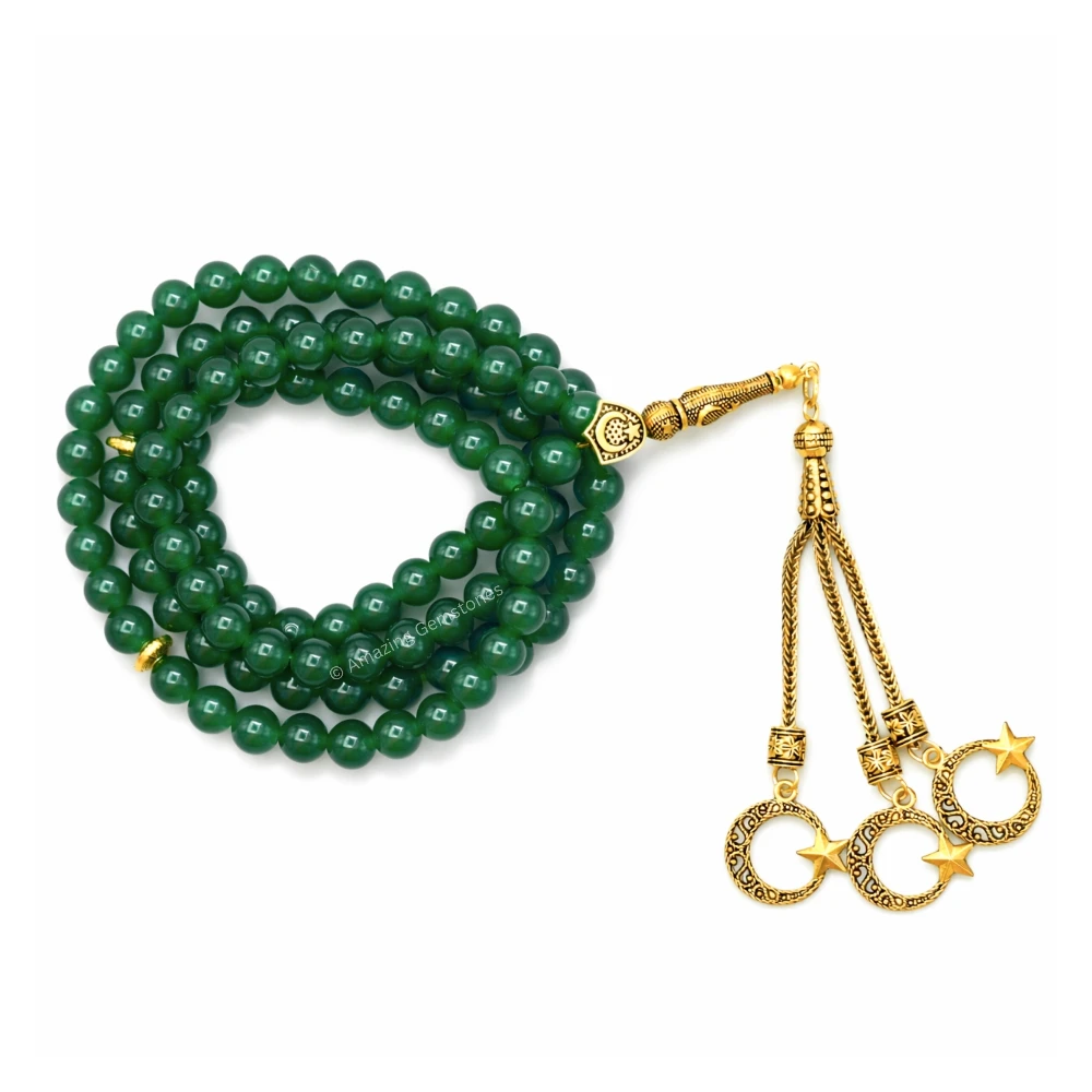 Green Jade (Dye) Crystal Tasbeeh Sibha Prayer Beads (Gold)