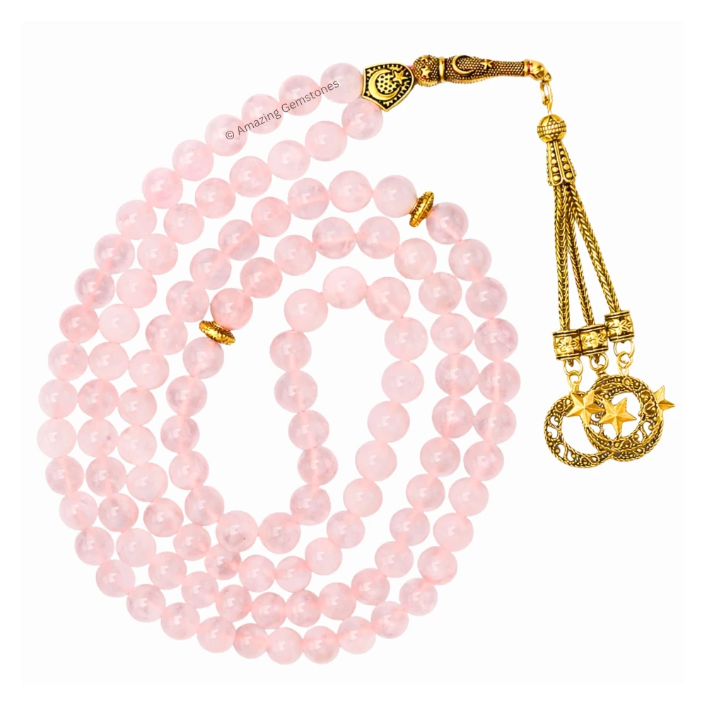 Rose Quartz Crystal Tasbeeh Sibha Prayer Beads (Gold)