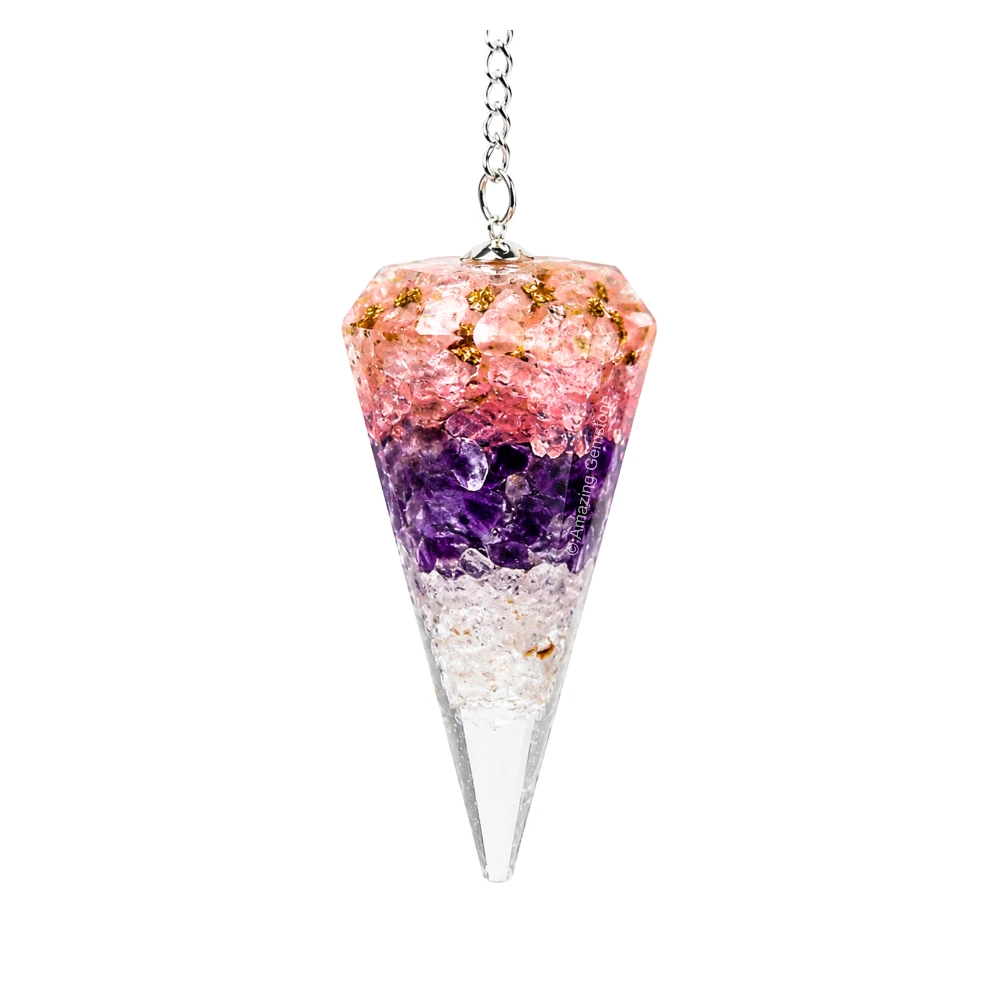 Rose Quartz Amethyst Clear Quartz Orgone Pendulum (Layered)