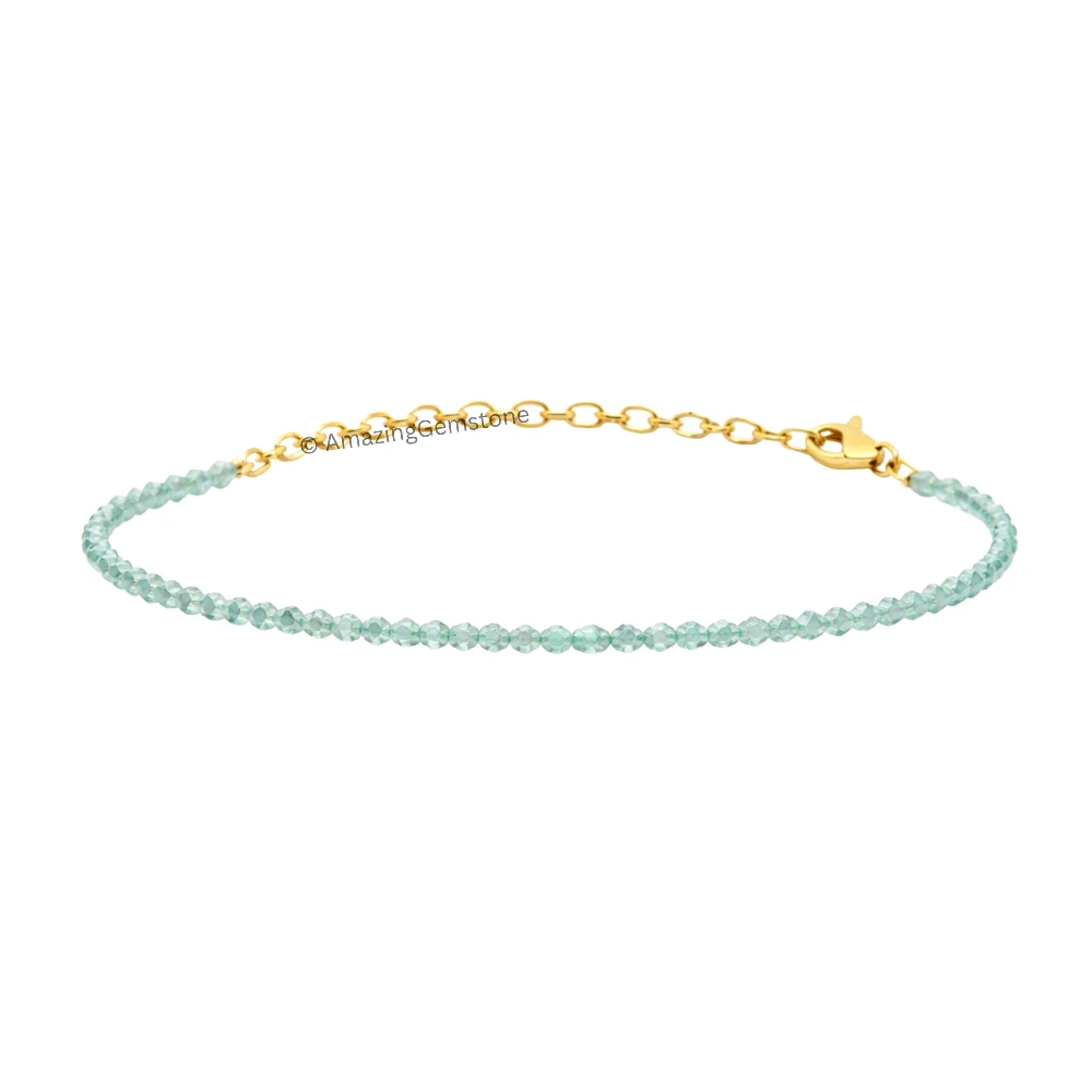Green Chalcedony Crystal Bracelet - 2mm Faceted Bead (Gold)