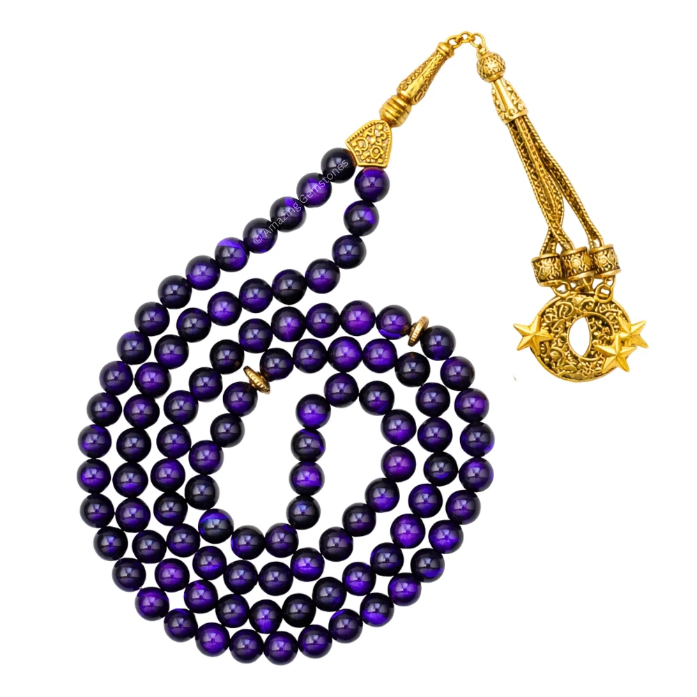 Purple Tiger Eye Crystal Tasbeeh Sibha Prayer Beads (Gold)