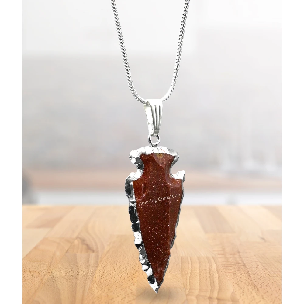 Red Goldstone Arrowhead Pendant - Silver Plated