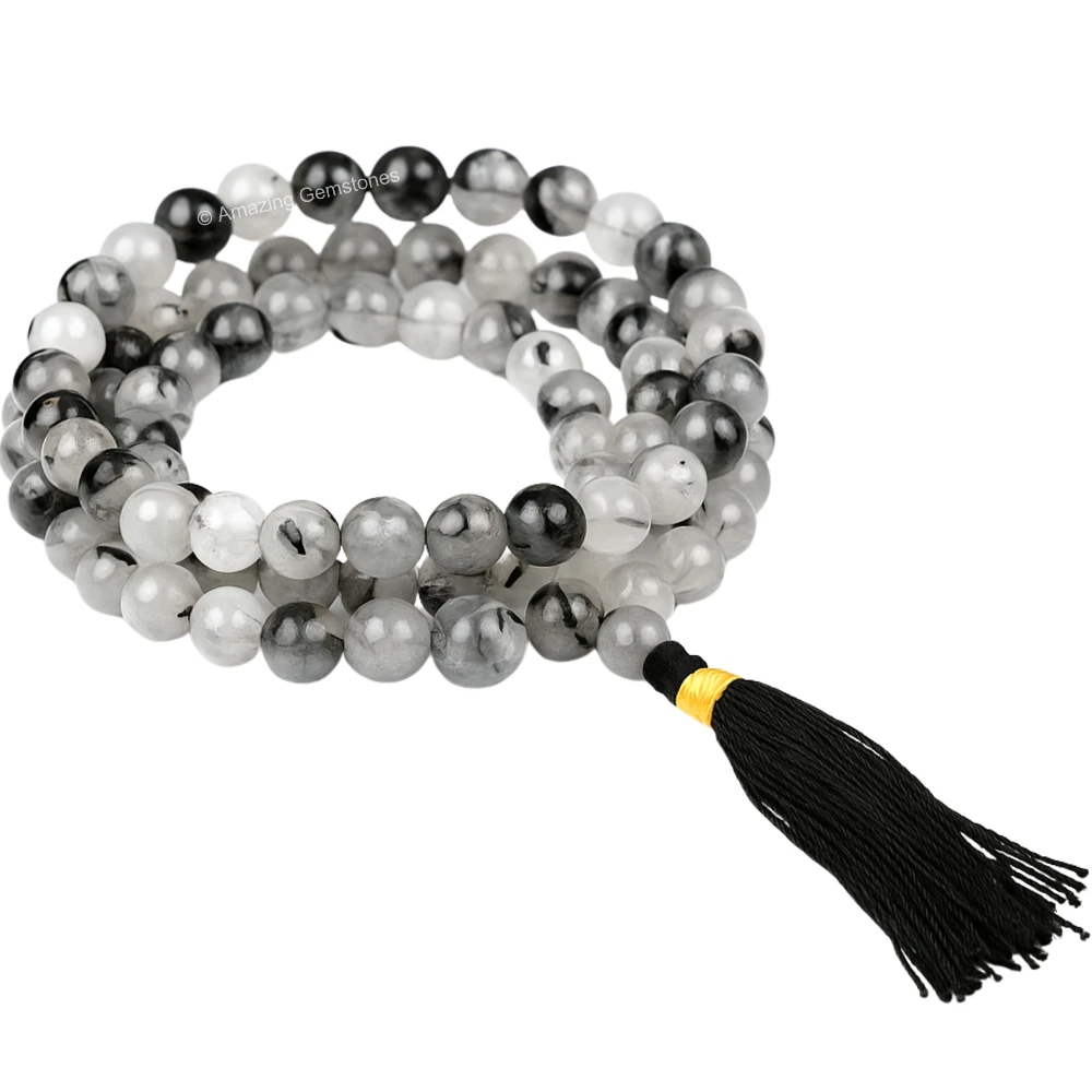 Black Rutilated Quartz Mala (Without Knot)