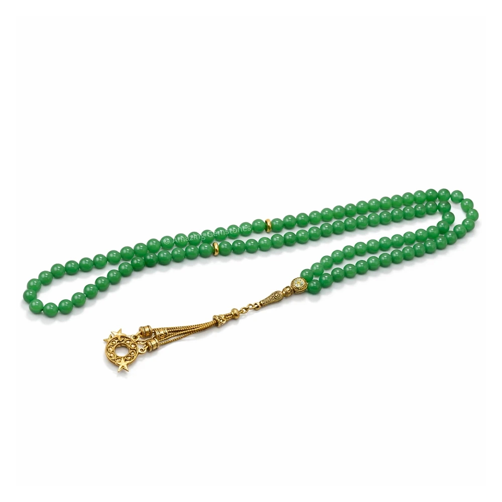 Green Aventurine Crystal Tasbeeh Sibha Prayer Beads (Gold)