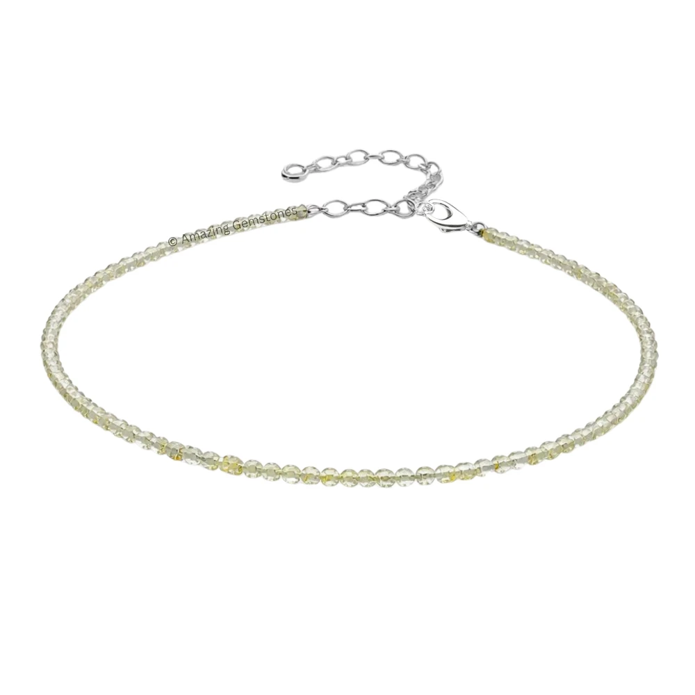 Lemon Quartz Crystal Anklet - 2mm Faceted Bead (Silver)