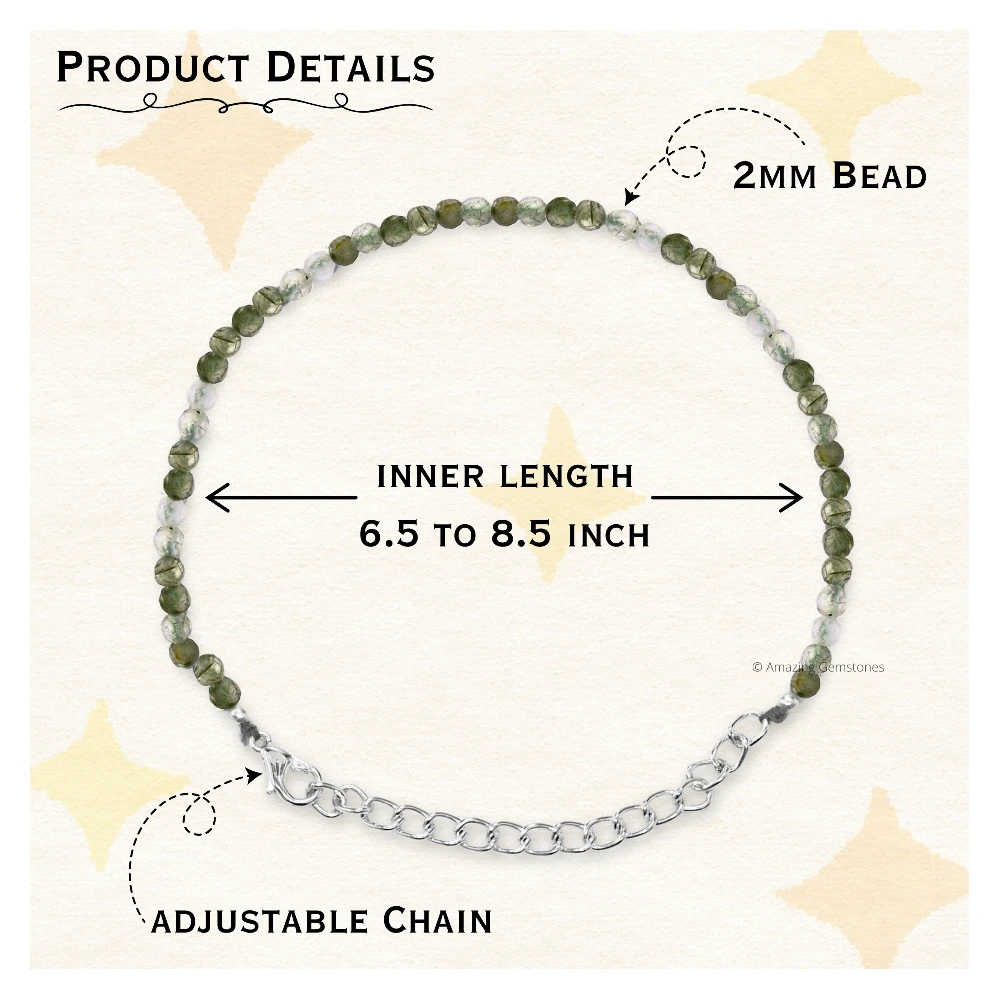Green Rutilated Quartz Crystal Bracelet - 2mm Faceted Bead (Silver)