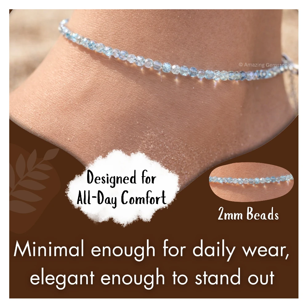 Sky Apatite Crystal Anklet - 2mm Faceted Bead (Silver)