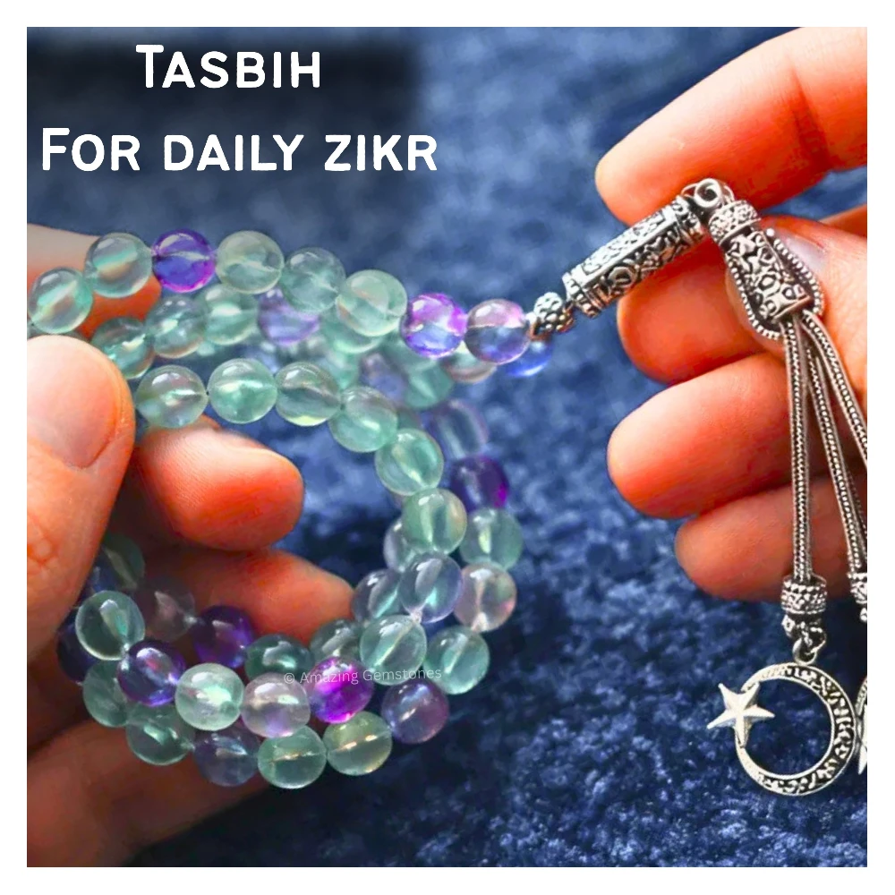 Multi Fluorite Crystal Tasbeeh Sibha Prayer Beads (Silver)
