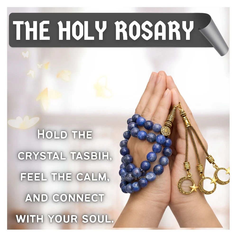 Sodalite Crystal Tasbeeh Sibha Prayer Beads (Gold)
