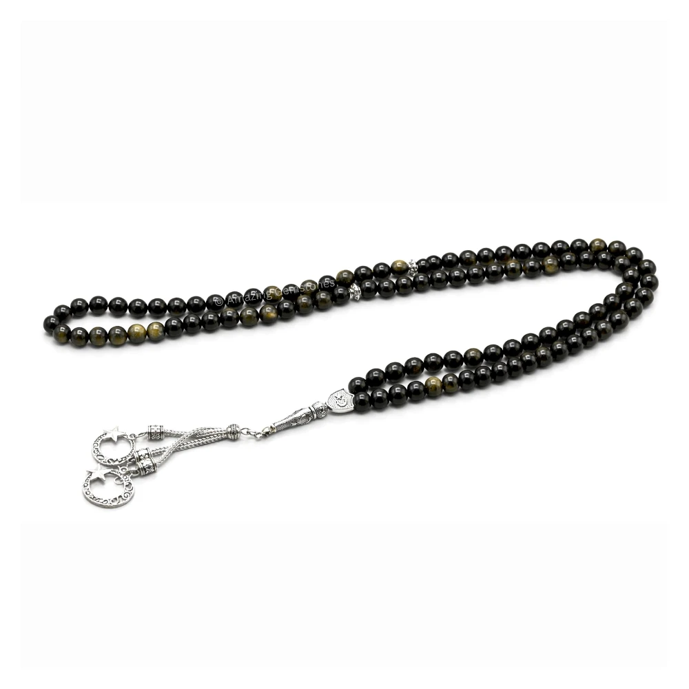 Gold Sheen Obsidian Crystal Tasbeeh Sibha Prayer Beads (Silver)