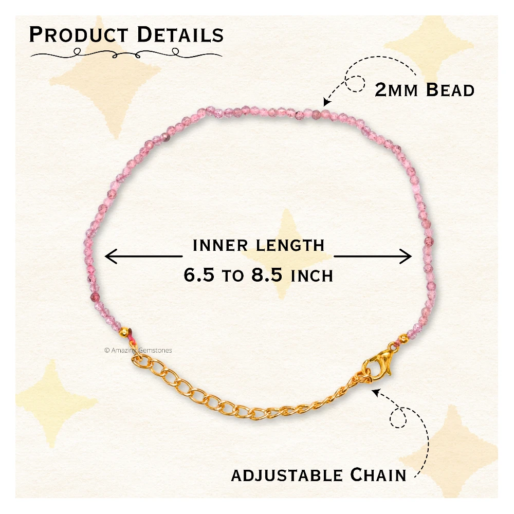 Pink Strawberry Crystal Bracelet - 2mm Faceted Bead (Gold)