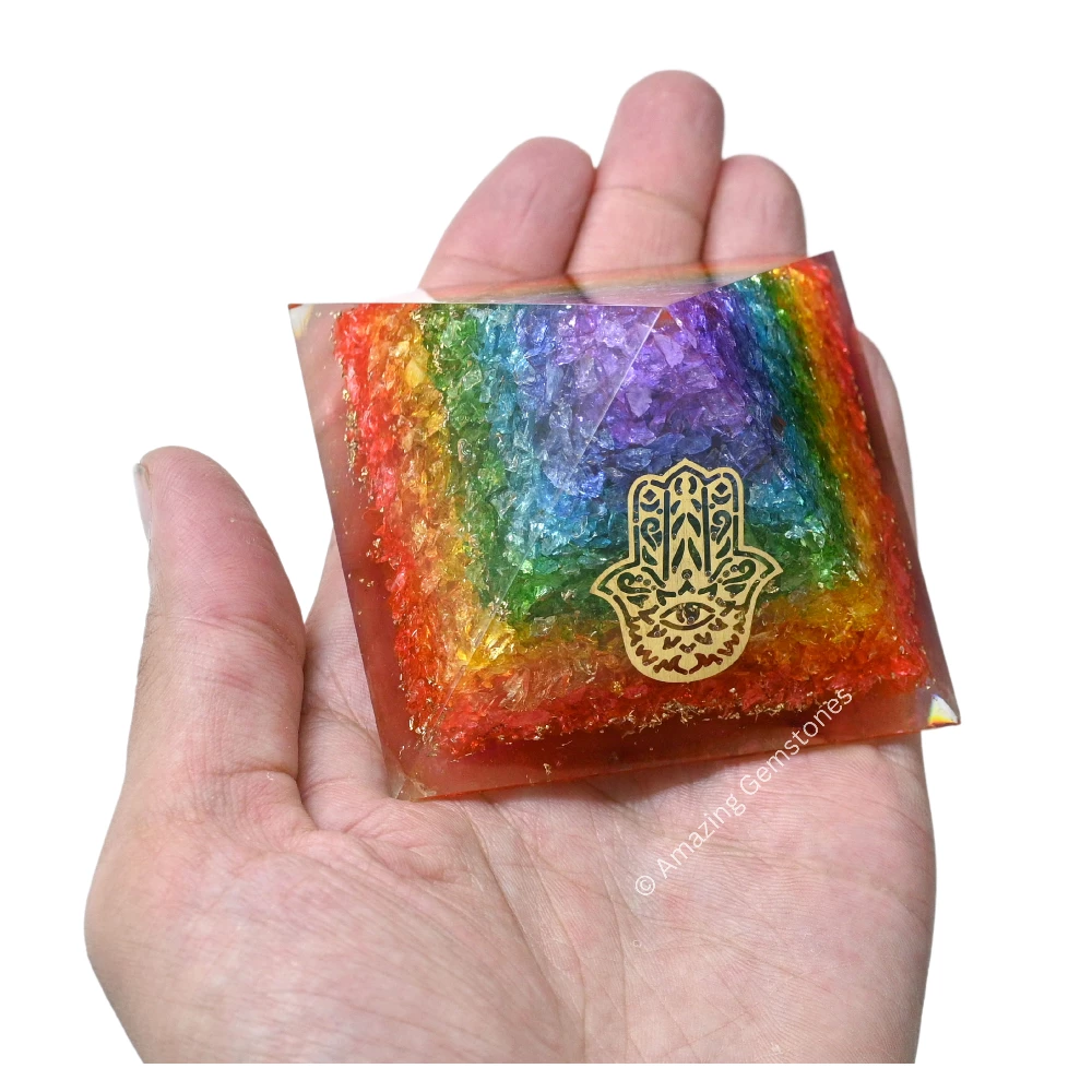 Chakra Onyx Orgone Pyramid - Big Hamsa