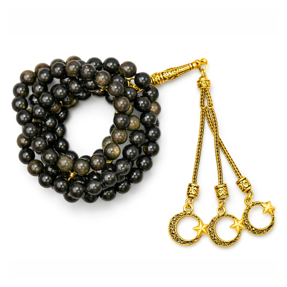 Gold Sheen Obsidian Crystal Tasbeeh Sibha Prayer Beads (Gold)