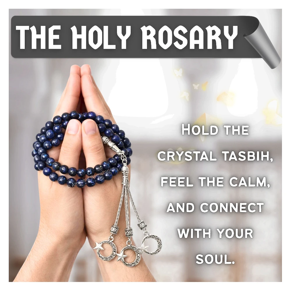 Blue Goldstone Crystal Tasbeeh Sibha Prayer Beads (Silver)