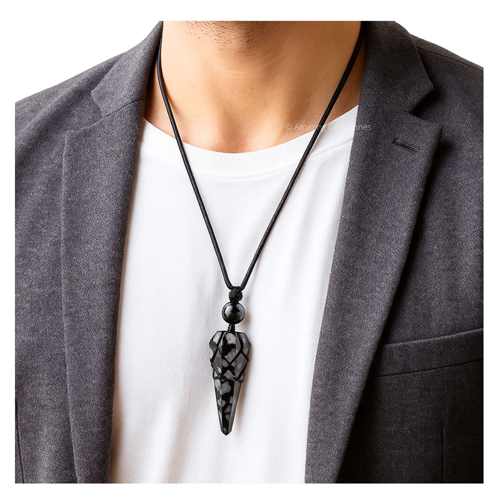 Snowflake Obsidian Pendulum Pendant Necklace (Macrame)