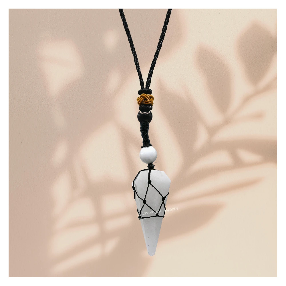 Snow Quartz Pendulum Pendant Necklace (Macrame)