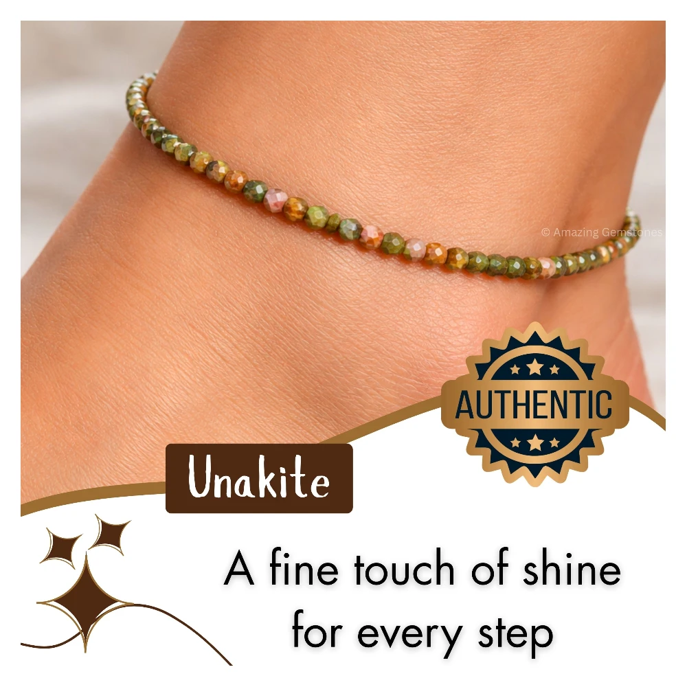 Unakite Crystal Anklet - 2mm Faceted Bead (Silver)