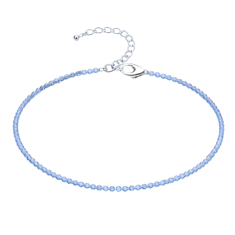 Blue Chalcedony Crystal Anklet - 2mm Faceted Bead (Silver)