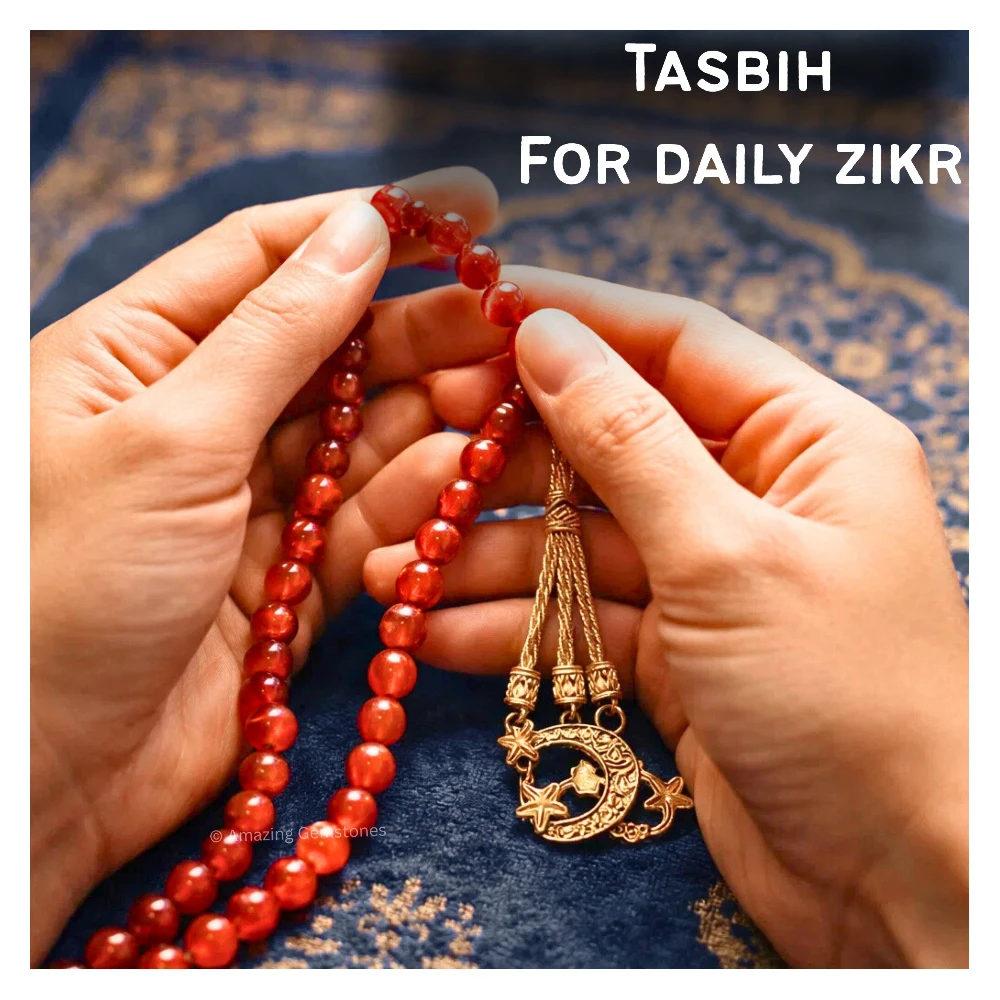 Red Onyx Crystal Tasbeeh Sibha Prayer Beads (Gold)